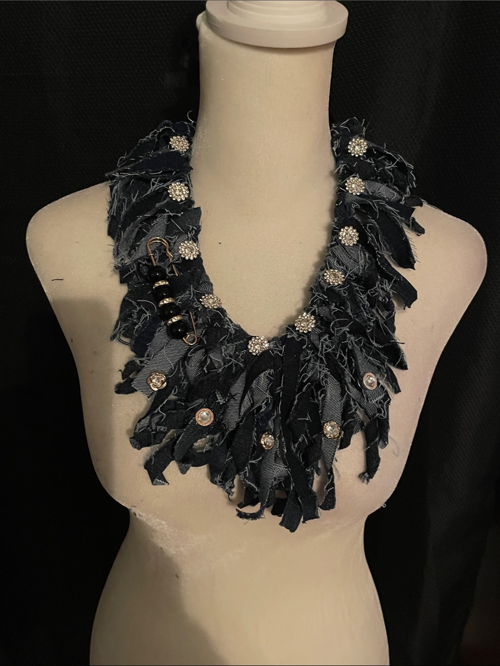 Black Fringe Statement Necklace with Rhinestone Accents